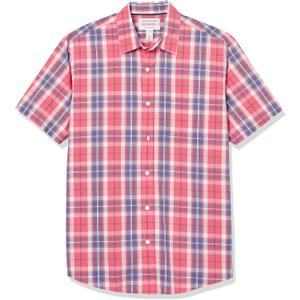 Amazon Essentials Men's Regular-Fit Short-Sleeve Poplin Shirt, Washed Red Windowpane, Large