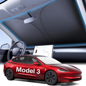 Wigoo 2025 Upgraded Accessories Tesla Model 3 Windshield Sunshade [OEM Design, 100% Sun Blockage] Foldable Heat Insulation Sun Shade with Storage Bag, for Tesla Model 3 2016~2026, Silver Coating