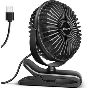 BESKAR Small Clip on Fan, 3 Speeds USB Fans with Strong Airflow, Clip & Desk Fans USB Plug in with Sturdy Clamp - Ultra Quiet operation for Office Dorm Bedroom Stroller (Dark Black)