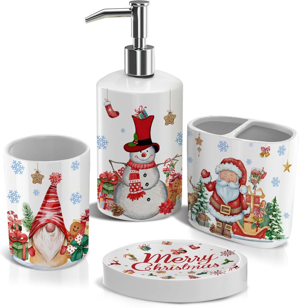 Christmas Bathroom Accessories Set 4, Christmas Bathroom Decor, Xmas Toothbrush Holder Sets, Snowman Soap Dispenser Bath Decorations