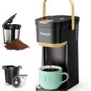 Single Serve One Cup Coffee Maker, for K Cups and Grounds, Mini Coffee Maker with Portable Handle, 6 to 12 Oz Brew Size, for Travel, Camping, Office, RV and Dorm, 120V, Black and Gold