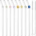 DUMING-IN 8 Pack Reusable Glass Straws with 2 Cleaning Brushes, Cute Colorful Flower Glass Straws Shatter Resistant, Reusable Straws Dishwasher Safe for Smoothies, Milkshakes, Juices, Teas, 7.9''×8MM