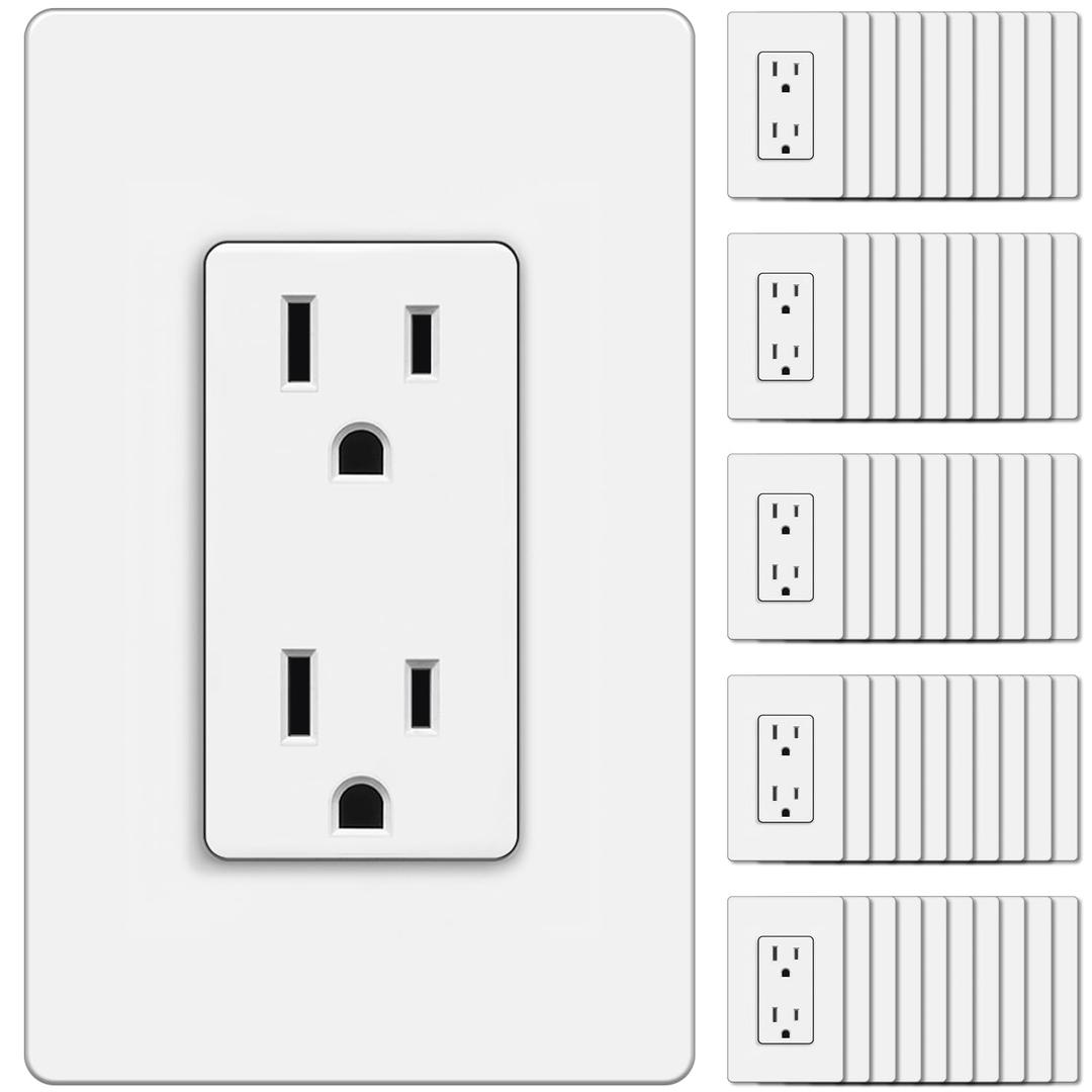 BESTTEN 50 Pack Decorator Receptacle Outlet, 15 Amp Standard Electrical Wall Outlet with Screwless Wallplate, Non-Tamper Resistant, 15A/125V/1875W, UL Listed, White