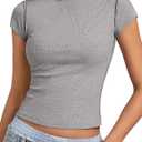 Kate Kasin Womens Ribbed Crop Top, Mock Neck Cap Sleeve Shirt with Raw Seam, Super Soft Stretchy Y2K Going Out Tops (Gray, M)