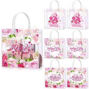 Blosssound 30 Pcs Happy Mother's Day Bags Gift with Handles, Clear PVC Tote Bags with Pink Rose Floral Print & Organza Bow, Reusable Transparent Goodie Bag for Mom Gifts Wrapping Party Favors