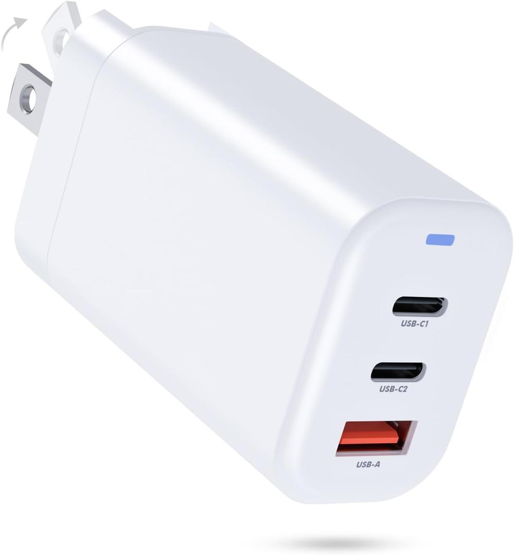 65W USB C Charger Block GaN 3-Port-PD 60W Fast Compact Foldable Wall GaN Charger for iPhone 16/15/14/13,MacBook Pro/Air,iPad Pro,Galaxy S25/S24/S23,Note 20/10,Pixel 9/8/7 and More