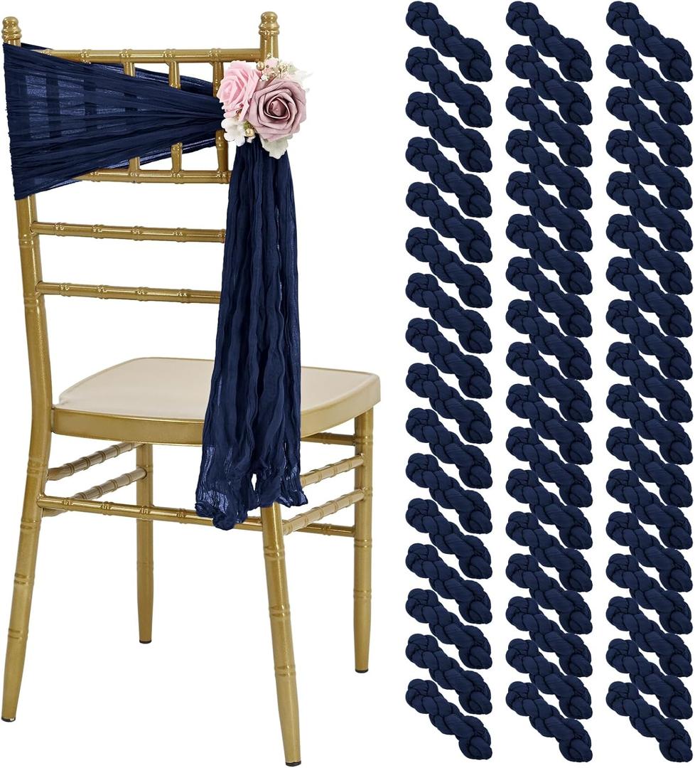 HNPSTBNO 50 PCS Cheesecloth Chair Sashes, Bows Designed Chair Sashes, 15.7x70 inch Chair Sashes for Aisle Decorations Universal Chairs Cover Decoration for Wedding Reception Party Banquet (Navy Blue)