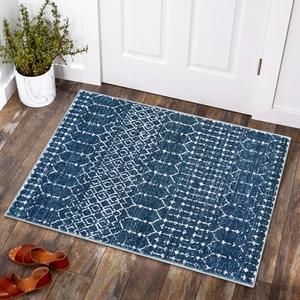 Lahome Moroccan Indoor Rugs for Entryway - 2x3 Area Rug Non-Slip Backing Washable Inside Door Mats Low-Profile Throw Soft Rugs for Bathroom, Geometric Print Distressed Blue Rug for Kitchen Bedside 2x3