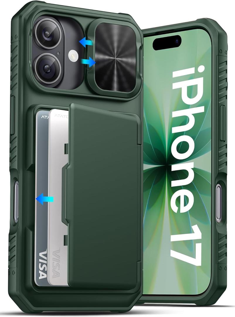 ATATOO for iPhone 17 Case, Built-in Card Holder (Store 3-5 Cards) [RFID] & Sliding Camera Cover, Military Grade Protection, Heavy Duty Sturdy Durable Wallet Cover Case for iPhone 17 6.3" 2025, Green