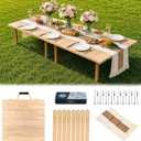 60" x 30" Boho Low Wooden Folding Picnic Table with Table Runner, Portable Boho Picnic Table for Indoor Outdoor Use, Camping, Beach, Garden, Wedding & Party (8 Steak Knives & Forks Included)
