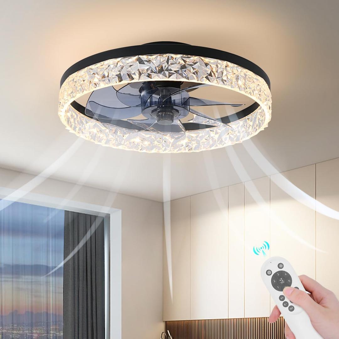 Flush Mount Ceiling Fan with Light, 15.7" Reversible, Dimmable, Noiseless, Small Bedroom Fan with Remote, Indoor Use,Black (15.7in-Black)