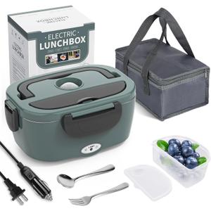 Electric Lunch Box Food Heater, 3 in 1 Ultra Quick Heated Lunch Boxes for Adults, 12V/24V/110V Portable Food Warmer for Car/Truck/Office With Fork Spoon and Insulated Carry Bag (Green)