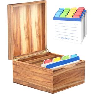 Neando 5x8 Index Card Organizer with Lid Extra Large Acacia Wood Storage Box with 4 Compartments, 20 Blank Tabs, Holds 600 Cards File Box for Recipes, Projects, School Notes & Office Organization