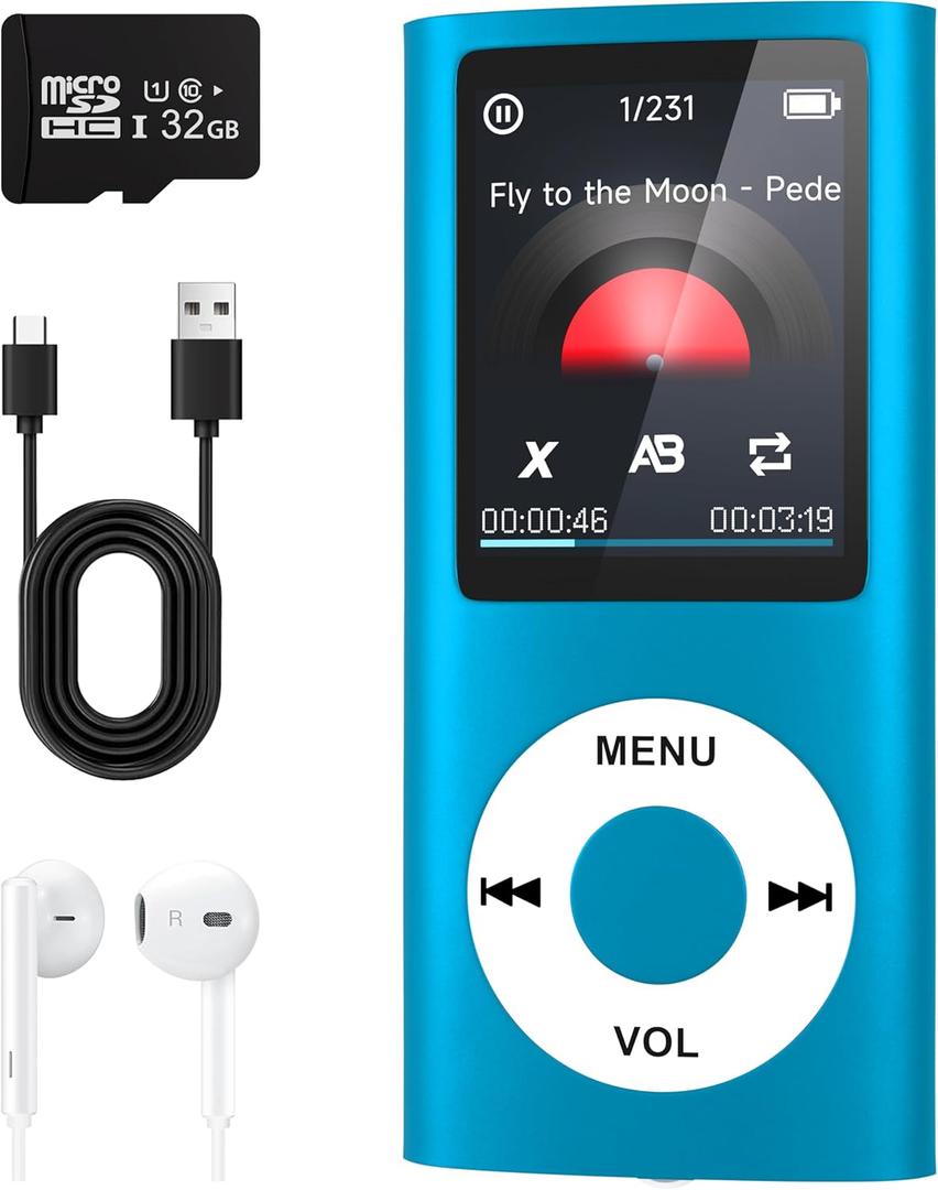 MP3 Player with Bluetooth 5.2,Portable Music Player with 32GB Memory Card, Stereo Earphone, Voice Recorder/Video/Photo Viewer/E-Book for Kids,Gift