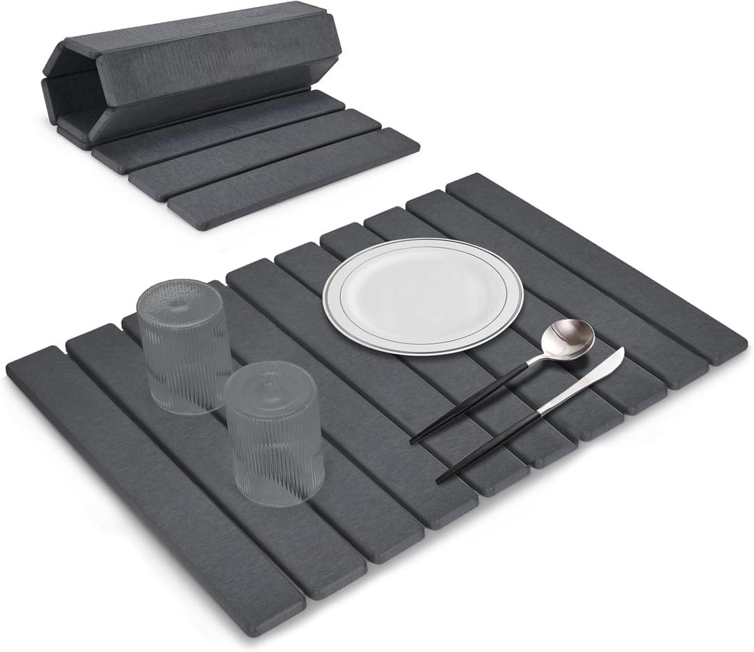 Large Stone Dish Drying Mat for Kitchen Counter, 24"16", Collapsible Quick Dry Dish Drying Mat, Ultra Absorbent Diatomaceous Earth Mats for Dishes Bottles Cups, Match Any Countertop - Dark Grey