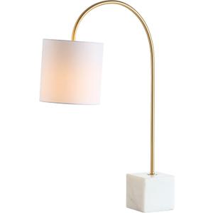 JONATHAN Y 25" Marble and Brass Gold Modern Arched Table Lamp, Contemporary Iron Desk Lamp with White Linen Drum Shade for Bedroom Living Room, LED Bulb Included JYL5023A