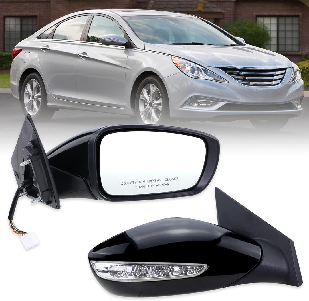 Right Passenger Side Door Mirror Compatible With 2011 2012 2013 2014 Hyundai Sonata With Power Glass Manual Folding Heated Turn Signal Black Replace#HY1321168 87620-3Q110 (7 Pins)