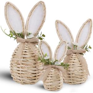 DR.DUDU Set of 3 Easter Decorations for Home Table Centerpieces Rattan Bunny Set with Flowers Neutral Easter Decor
