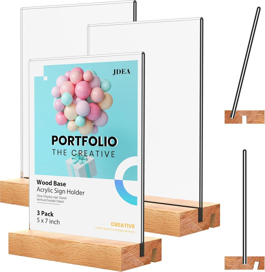 Acrylic Sign Holder with Wood Base 5x7 Inch Vertical and Slant Displays(3 Pack 5*7")