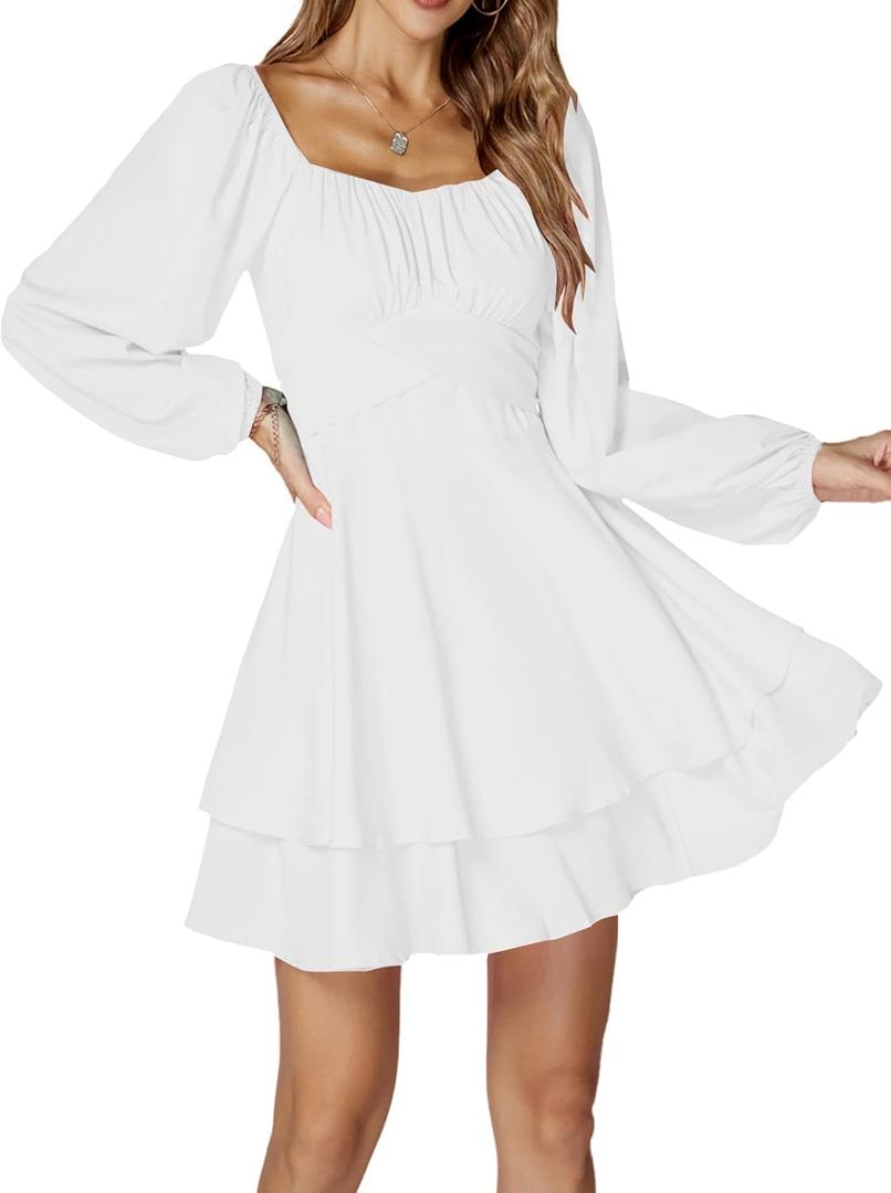 LYANER Women's Lantern Long Sleeve Wrap Tie Back Square Neck Double Layer Ruffle Hem A Line Short Mini Dress (White), Size: S