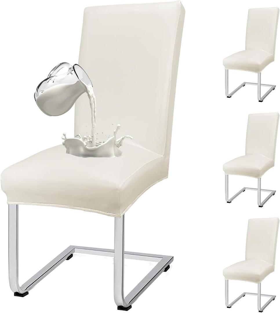 PU Leather Dining Chair Covers Removable 100% Waterproof Chair Covers for Dining Chairs Set of 4, Stretchy & Soft High Back Kitchen Chairs Cover Protectors (Cream)