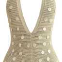 WDIRARA Women's Deep V Neck Backless Halter Knit Romper Striped Bodycon (Beige, XS)