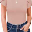 MISSJOY Womens Summer Short Sleeve Bodysuits Crew Neck Ribbed Petal Sleeve Stretchy Slim Fit Leotards Tops (Large, Pink)