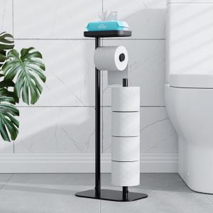 Kitsure Toilet Paper Holder Free Standing  Rustproof Metal Toilet Paper Stand for 4 Rolls with Anti-Slip Base and Shelf for Phone & Small Items, Bathroom Organizers and Storage, Large, Black (Large - 1 Pack)