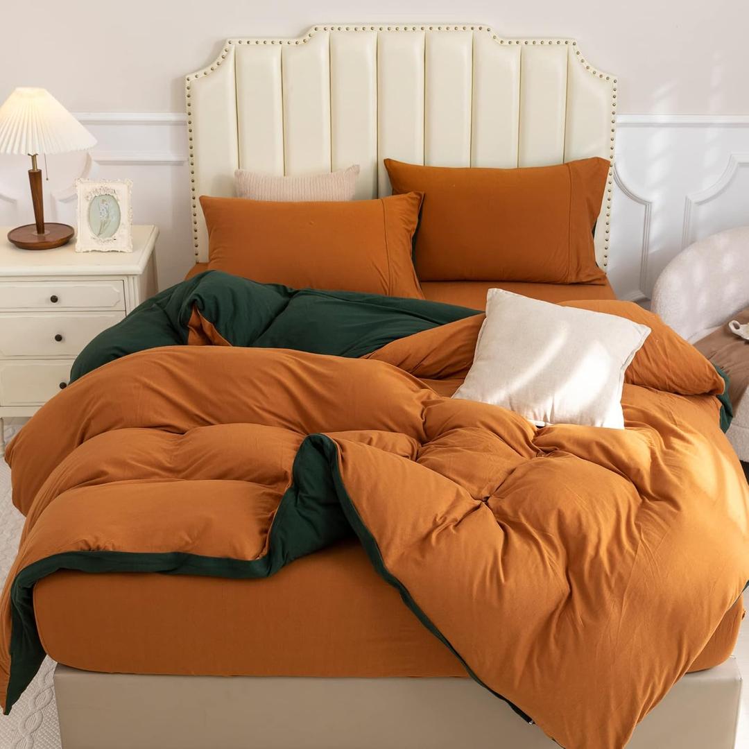 PURE ERA Jersey Knit Duvet Cover Set 100% T-Shirt Cotton Super Soft Comfy 3pc Bedding Set with Zipper Closure (Solid Forest Green/Burnt Orange, Queen)