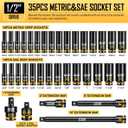 Boen 1/2'' Drive Impact Socket Set, 35PCS SAE (3/8 to 1-1/4 inch) and Metric (8mm-24mm), Deep Socket Set, 6-Point with Yellow Embossed Marking, CR-MO