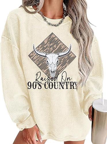 UNIQUEONE Boho Cow Skull Sweatshirt Women:Vintage Western Rodeo Graphic Tee Country Concert Outfits Pullover Tops, Apricot2, X-Large