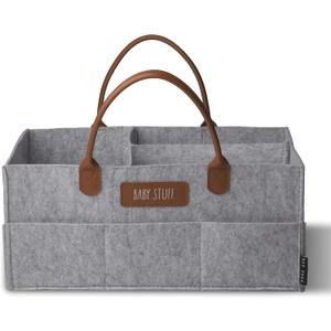 Rae Dunn Baby Diaper Caddy Organizer, Nursery Storage for Changing Table and Car, Portable Basket for Items, Shower Gifts, Grey Felt With Leather Handles, Large