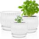 Yesland Ceramic Flower Plant Pots with Saucer, Set of 3 in Different Sizes, Modern Round Ceramic Succulent Planter Pots with White Stripe Texture for Garden