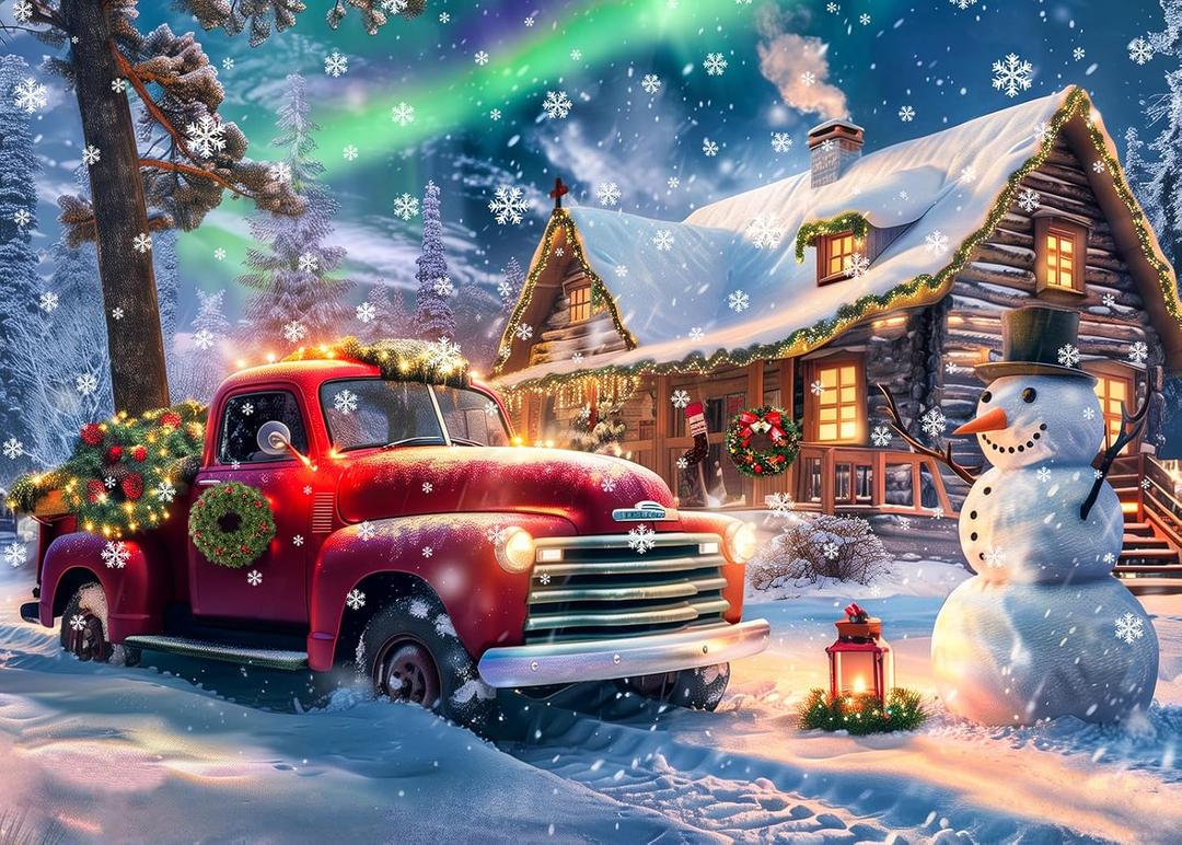 1000 Piece Puzzle for Adults, Christmas Snowy Night Puzzles 1000 Pieces, Enchanting Christmas Eve Puzzles for Adults, Aurora Cabin Jigsaw Puzzle Vacation Challenging Gift for Family Friends