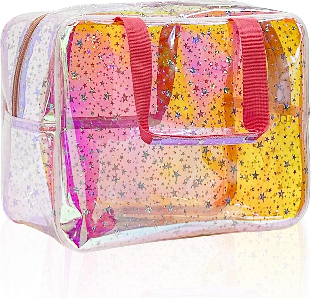 TPU Holographic Pink Clear Star Large Cosmetic Bag and Travel Pouch with Handle,Durable TPU Material,Zipper Design-Ideal for Makeup,Travel Essentials (Holographic pink)