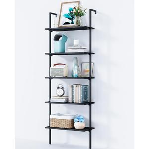 ODK 5-Tier Ladder Shelf, Book Shelf with Metal Frame, Bookcase for Living Room, Home Office, Kitchen & Bedroom, Space Saving Freestanding Organizer Rack, Black (10" D x 24" W x 74" H)
