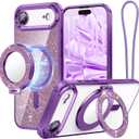 Meifigno Designed for iPhone Air Case with Ring Stand (6.5"), [Built-in Mirror] [Compatible with MagSafe] [Glitter Card & Wrist Strap] Removable Phone Stand +Designed for iPhone 17 Air Case, Purple