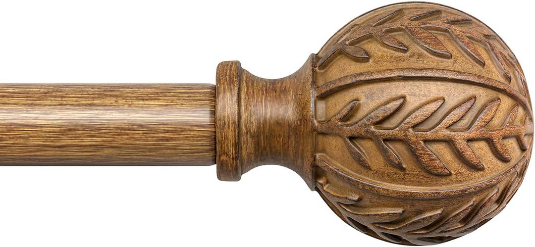 QDWIS Wood Curtain Rods for Windows 72 to 144 Inch, 1'' Adjustable Decorative Drapery Rods with Imitation Wood Grain Leaf Pattern Finials, Boho Heavy Duty Long Window Curtain Rods Set 36''-150''
