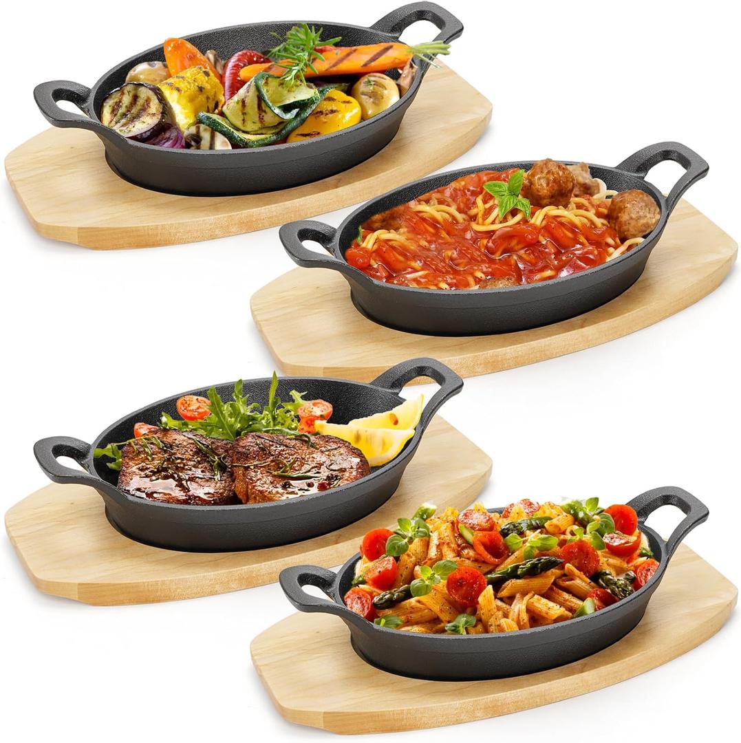 4 Pack Mini Cast Iron Fajita Skillet Set, 8.5 x 6.1 Inch Sizzling Plate with Wooden Base, Small Oval Casserole Dishes, Cast Iron Pizza Baking Steak Pan for Stove, Oven, Grill