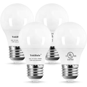 YukiHalu A15 LED Light Bulbs, 60W Equivalent, E26 Base, 2700K/3000K/4000K/5000K 7W 600 Lumens 120V, Non-Dimmable, UL Listed, Ceiling Fan Light Bulbs, Appliance Bulb, Pack of 4 (3000K Warm White)