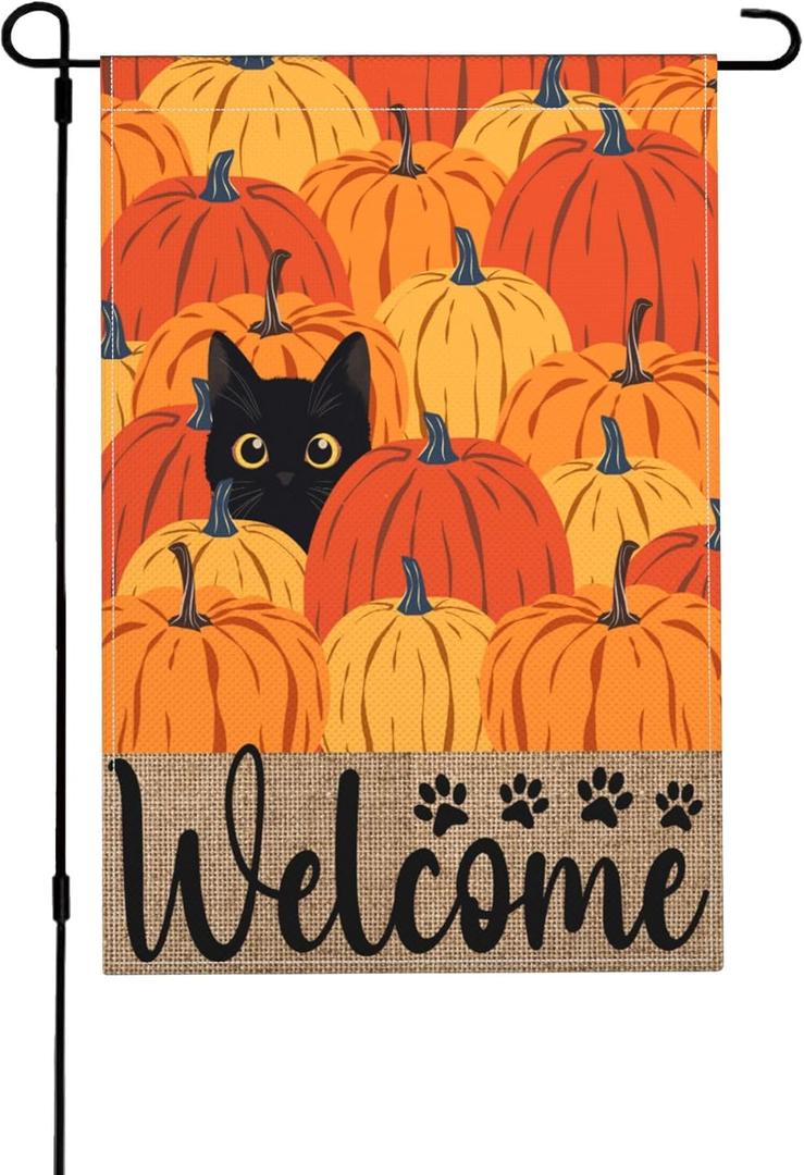 Fall Pumpkin Welcome Garden Flag 12x18 Inch Black Cat Double Sided Autumn Decor Thanksgiving Holiday Yard Flags Outdoor Decorations