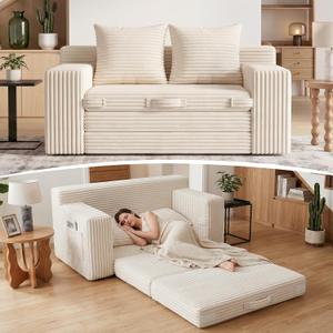 Boneless Loveseat Sofa Bed, Tri-Folding Convertible Futon Sleeper with Handle & Side Pockets, 54'' Boneless Couch with Hook and Loop No Assembly for Small Space,Living Room & Bedroom