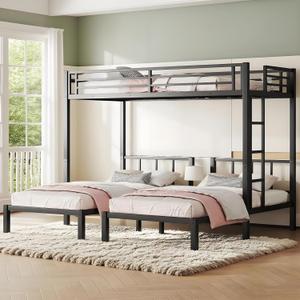 Twin Triple Bunk Bed, Heavy Duty Metal Bunk Bed with Guardrails, Ladder, Detachable Into 3 Twin Beds for Kids, Teens and Adults, Space-Saving Design, No Box Spring Needed, Black