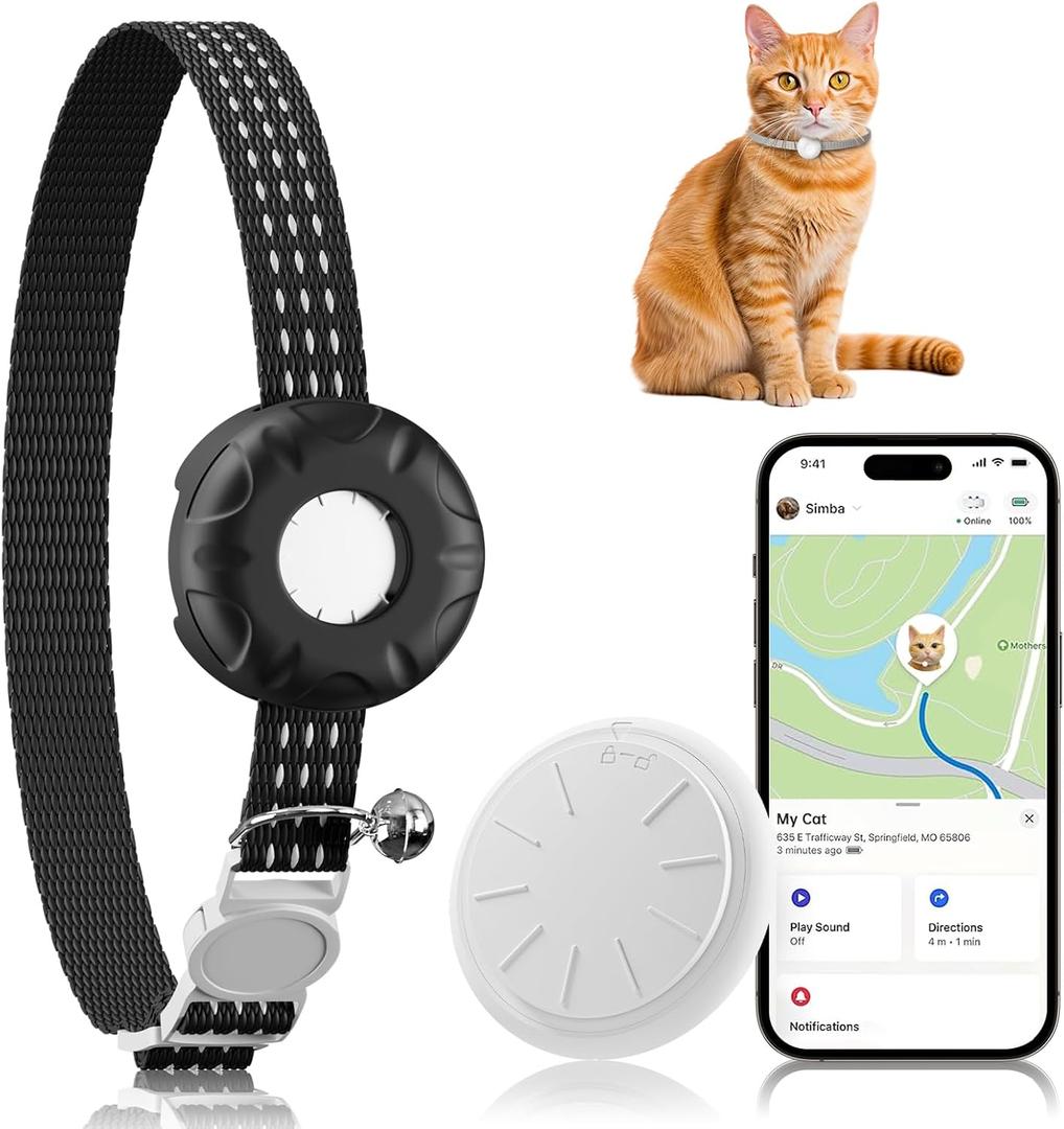 Cat Tracker, GPS Tracker Compatible with Apple Find My App(Only iOS),Cat Tracker Collar with Bell and Safety Elastic Buckle,No Monthly Fee,Territory & Location History,Black