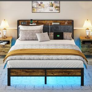 Liians Queen Bed Frame with Headboard, Metal Platform Bed with Smart LED Lights and USB Charging Station, Easy Assembly, No Box Spring Needed