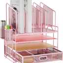 Marbrasse Desk Organizers, 4-Tier Mesh Desk File Organizer with 5 Vertical File Holders and 2 Pen Holders, Multifunction Desktop Organizer,Desk Organizers and Accessories for Home Office (Pink)