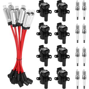 8Pcs UF262 Round Ignition Coils with 9748UU 8mm Spark Plug Wires & 41-962 Platinum Spark Plugs Compatible with Chevy Silverado Suburban Tahoe, GMC Sierra Yukon, Cadillac 4.8L 5.3L 6.0L V8, Not Square