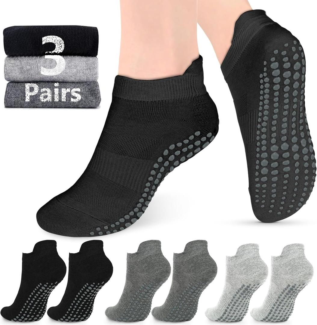 AURUZA Grip Socks for Women Men Pilates Grip Socks Non Slip Yoga Sock with Grips for Barre Barefoot Hospital Grippy Sock (Large, Black/Dark Grey/Light Grey)