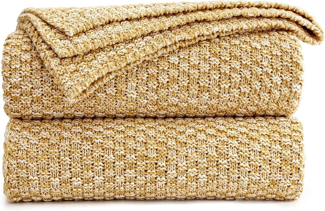 Longhui bedding 100% Cotton Knitted Throw Blanket Mustard Yellow, Soft & Cozy, Machine Washable, 51"x63" Perfect for Living Room, Couch, Sofa, Bed or Travel