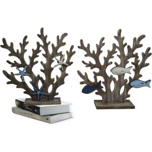 SAILINGSTORY Coral Decor Set of 2 Wooden Table Centerpieces, Coastal Nautical Beach Decor